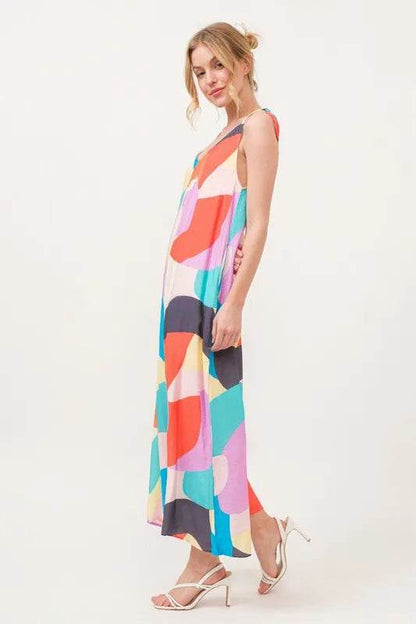 And The Why Tied Shoulder Straps Wide-Leg Geo Print Jumpsuit - Purcell's Clothing Company