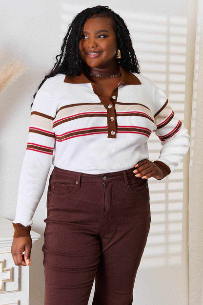 Basic Bae Striped Collared Neck Rib-Knit Top - Purcell's Clothing Company