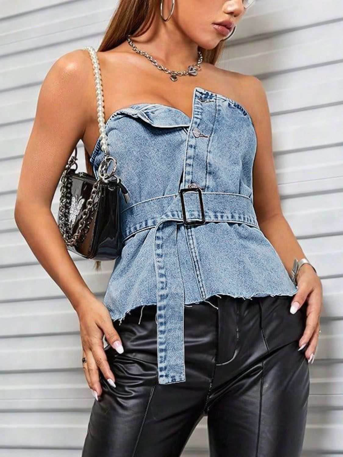 Frayed Hem Button Detail Tube Top - Purcell's Clothing Company