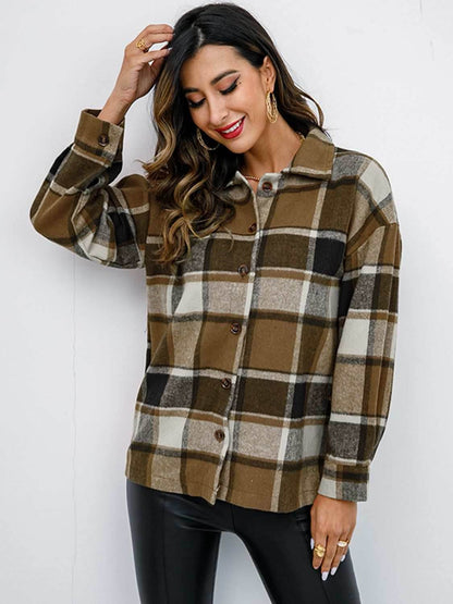 Shiny Plaid Button Up Collared Neck Jacket - Purcell's Clothing Company