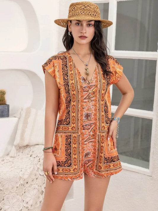 Printed V-Neck Cap Sleeve Romper - Purcell's Clothing Company
