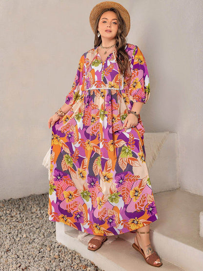 Plus Size Printed Tie Neck Maxi Dress - Purcell's Clothing Company