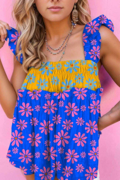 Floral Colorblock Flutter Straps Flowy Tank Top - Purcell's Clothing Company