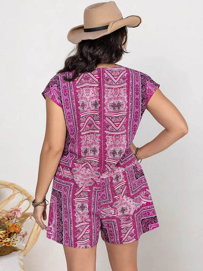 Plus Size Printed V-Neck Cap Sleeve Romper - Purcell's Clothing Company