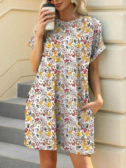 Printed Round Neck Short Sleeve Mini Dress - Purcell's Clothing Company