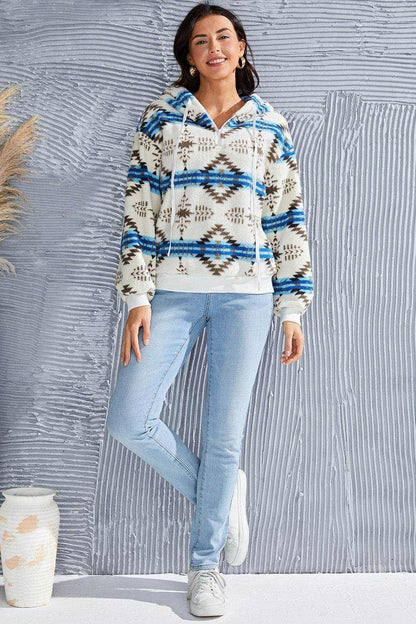 Shiny Geometric Half Zip Drawstring Long Sleeve Hoodie - Purcell's Clothing Company