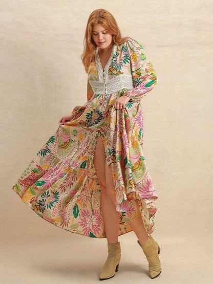 Plus Size Lace Detail Printed V-Neck Balloon Sleeve Dress - Purcell's Clothing Company