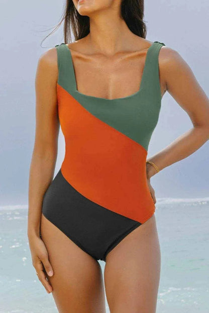 Color Block Padded Square Neck One Piece Swimsuit - Purcell's Clothing Company