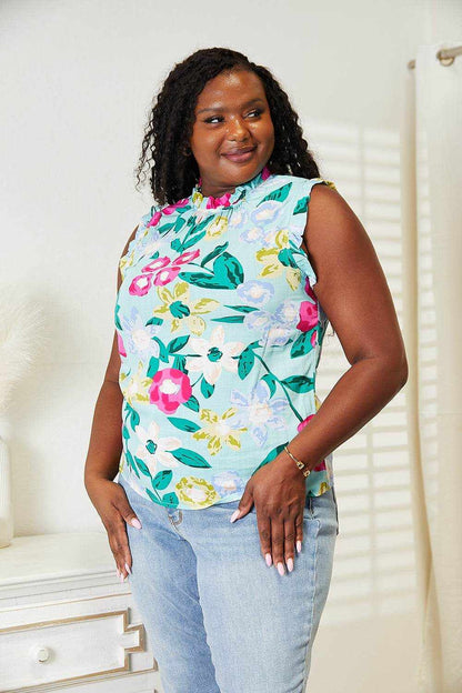 Double Take Floral Print Ruffle Shoulder Blouse - Purcell's Clothing Company