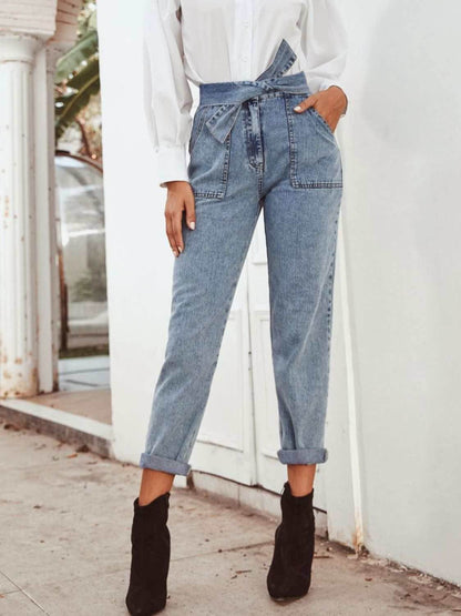 Tied Straight Leg Jeans with Pockets - Purcell's Clothing Company