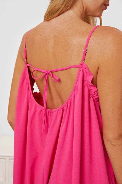 Double Take Full Size Ruffle Trim Tie Back Cami Jumpsuit with Pockets - Purcell's Clothing Company