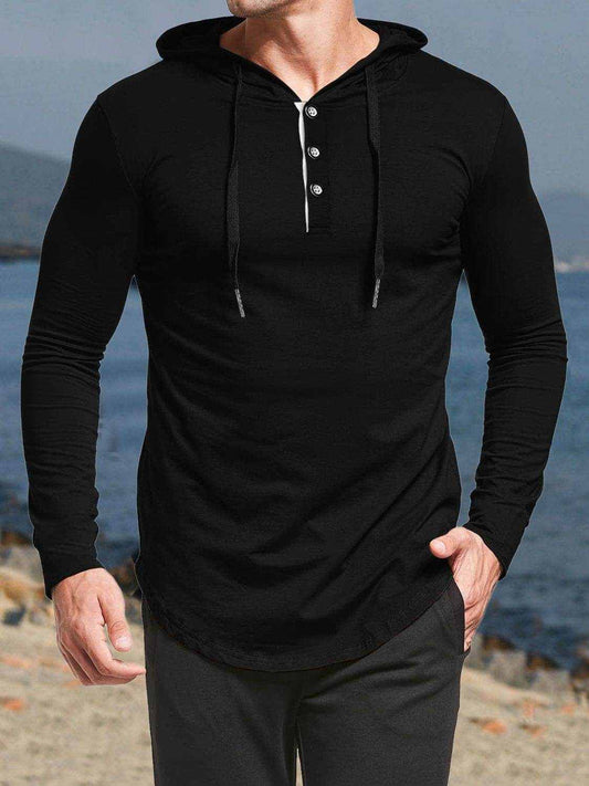 Men's plus size black long sleeve drawstring hoodie with buttoned neckline