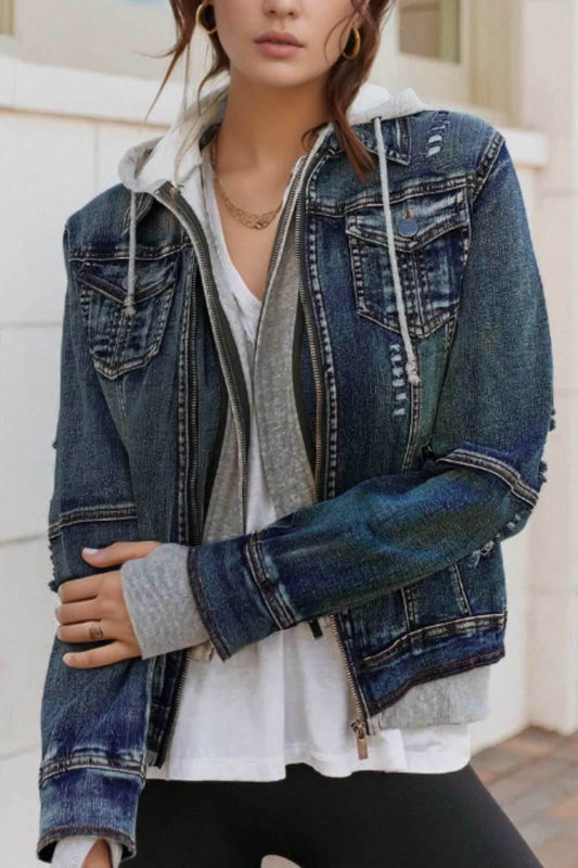 Fake Two-Piece Hooded Zip-Up Denim Jacket - Purcell's Clothing Company