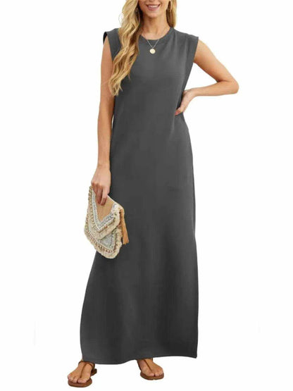 Full Size Slit Round Neck Sleeveless Maxi Tank Dress Plus Size - Purcell's Clothing Company