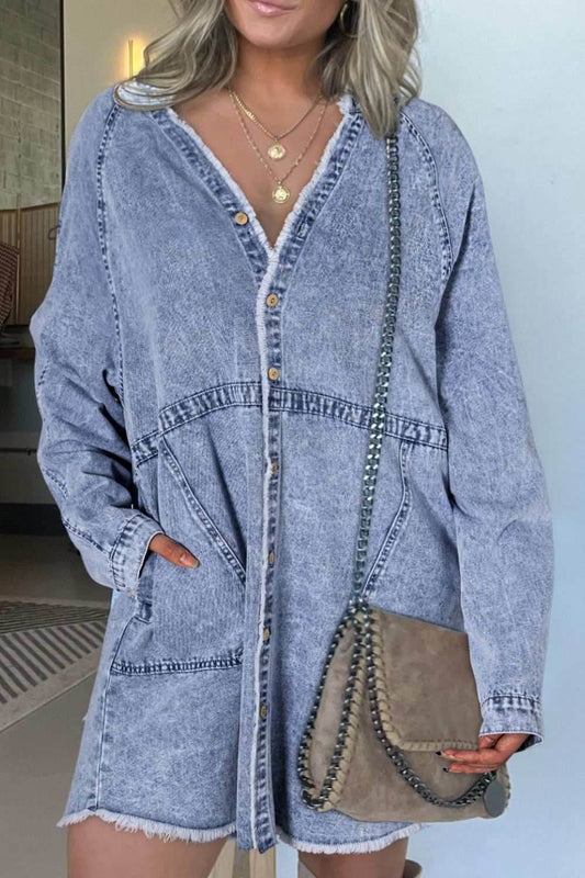 Raw Hem Button Down Long Sleeve Denim Dress - Purcell's Clothing Company