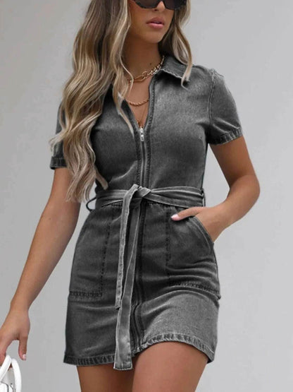 Full Size Zip Front Short Sleeve Denim Dress Plus Size - Purcell's Clothing Company