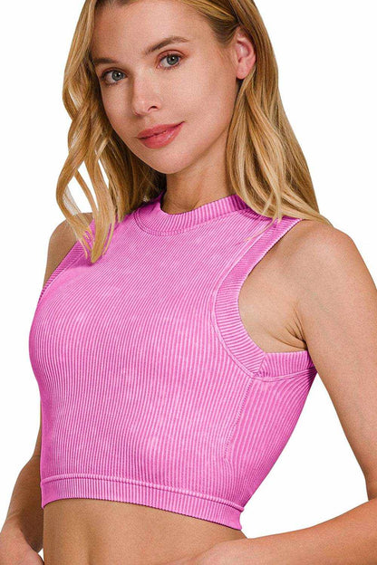 Zenana Washed Ribbed Seamless Crop Tank with Bra Pad - Purcell's Clothing Company
