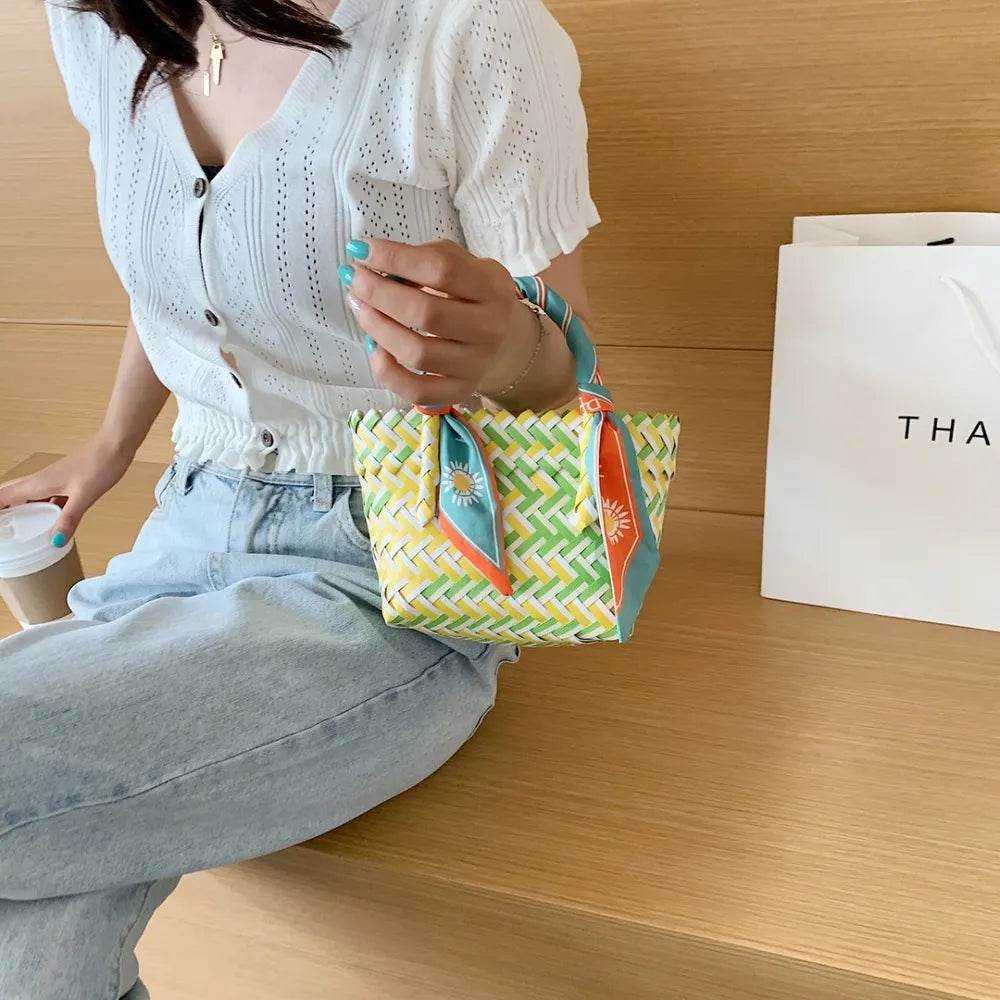 Contrast Woven Handbag with Ribbon - Purcell's Clothing Company