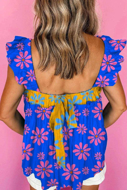 Floral Colorblock Flutter Straps Flowy Tank Top - Purcell's Clothing Company
