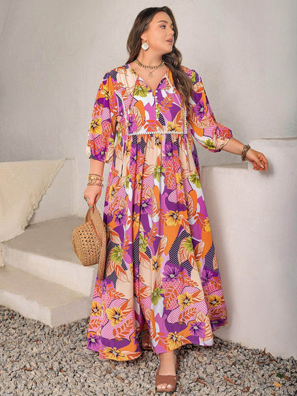 Plus Size Printed Tie Neck Maxi Dress - Purcell's Clothing Company