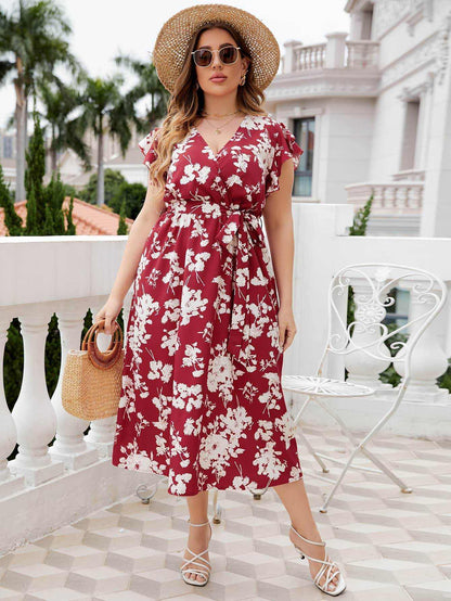 Honey Plus Size Floral Tie Waist Surplice Neck Midi Dress - Purcell's Clothing Company