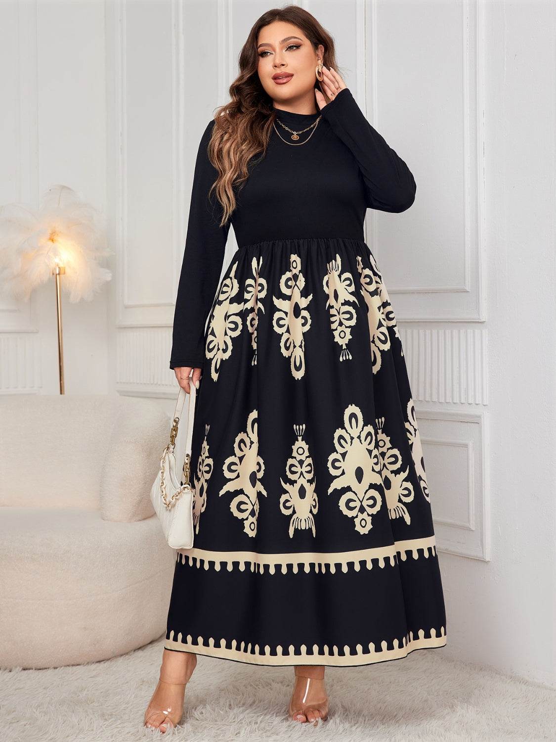 Honey Plus Size Printed Mock Neck Long Sleeve Dress - Purcell's Clothing Company