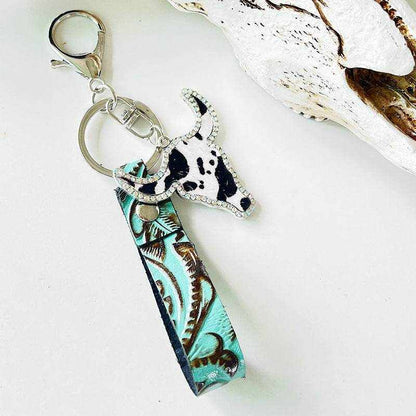 Colored Leather Rhinestone Bull Keychain - Purcell's Clothing Company