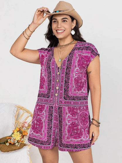 Plus Size Printed V-Neck Cap Sleeve Romper - Purcell's Clothing Company