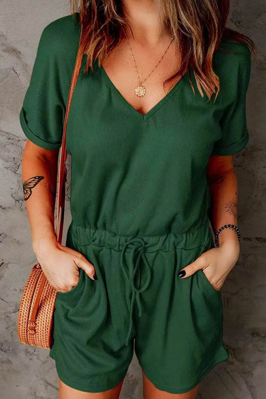 Full Size Drawstring V-Neck Short Sleeve Romper - Purcell's Clothing Company