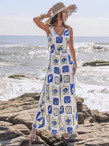 Printed V-Neck Wide Leg Jumpsuit - Purcell's Clothing Company