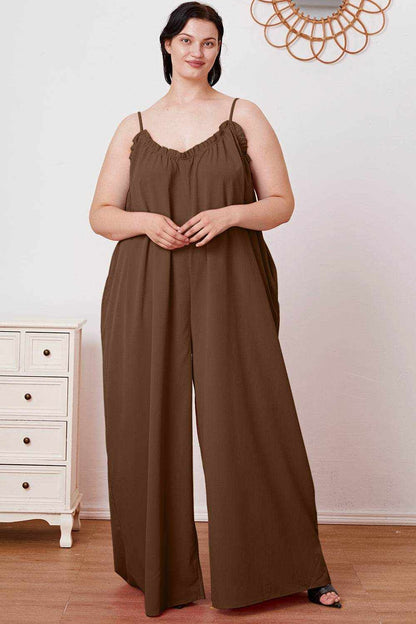 Double Take Full Size Ruffle Trim Tie Back Cami Jumpsuit with Pockets - Purcell's Clothing Company