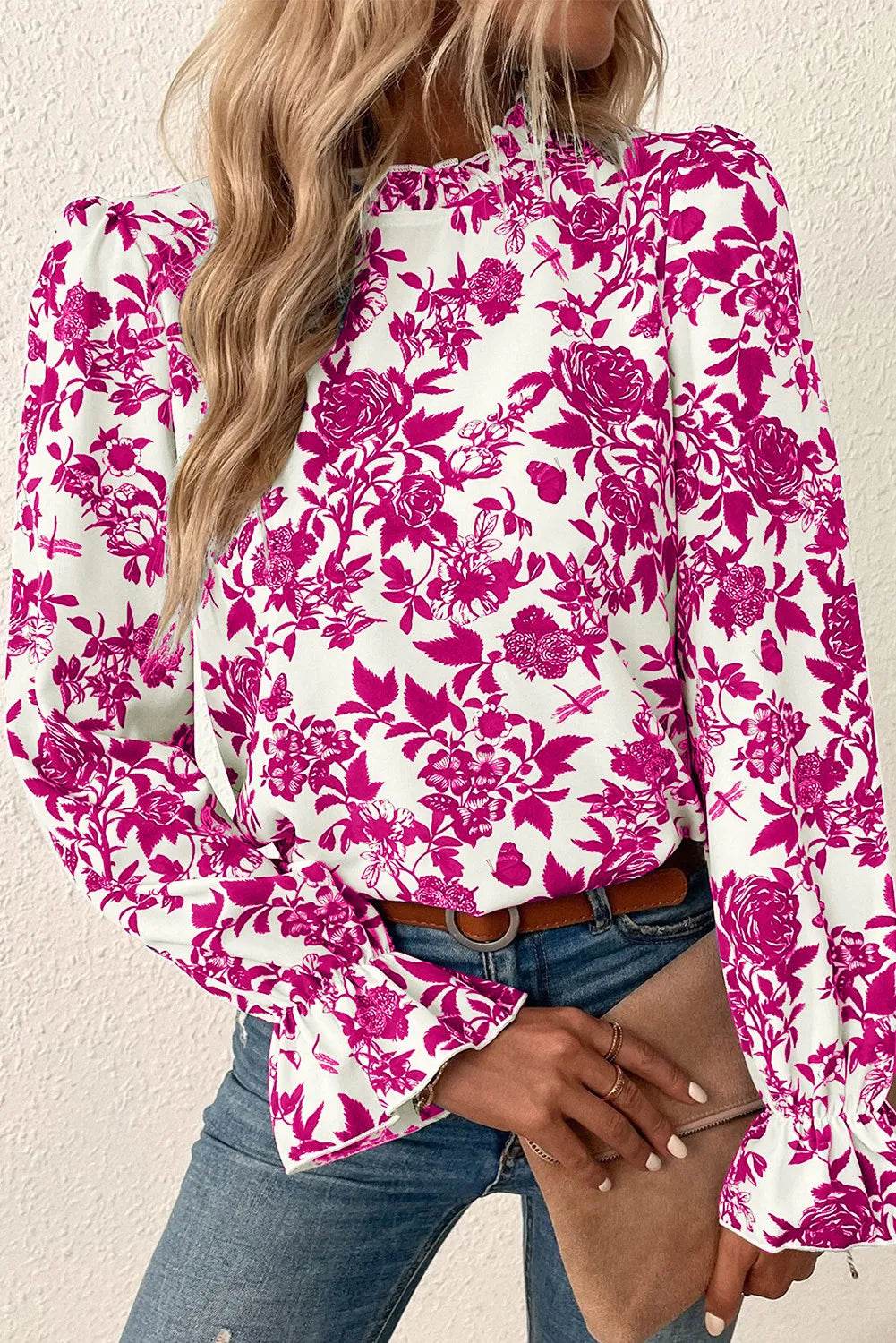 Printed Mock Neck Flounce Sleeve Blouse - Purcell's Clothing Company
