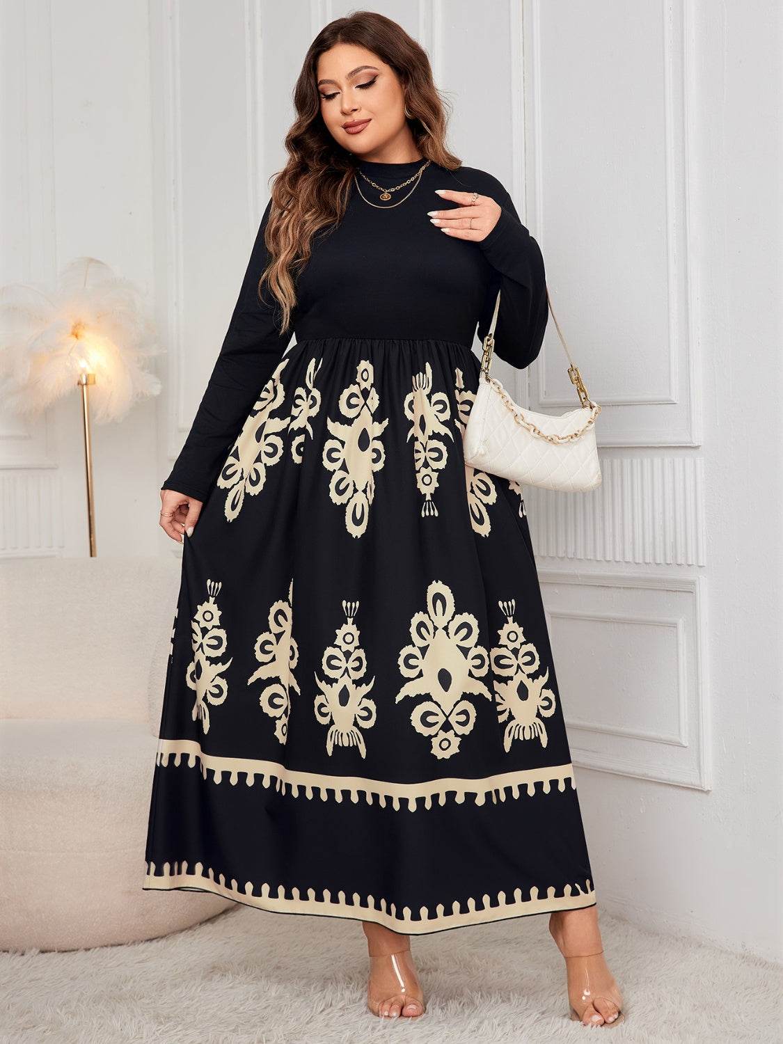 Honey Plus Size Printed Mock Neck Long Sleeve Dress - Purcell's Clothing Company