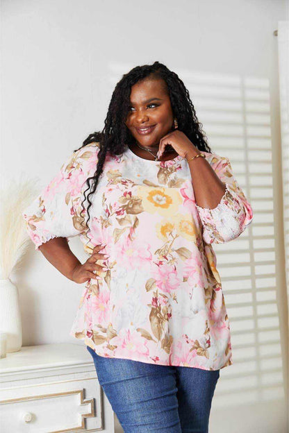 Double Take Floral Round Neck Three-Quarter Sleeve Top - Purcell's Clothing Company
