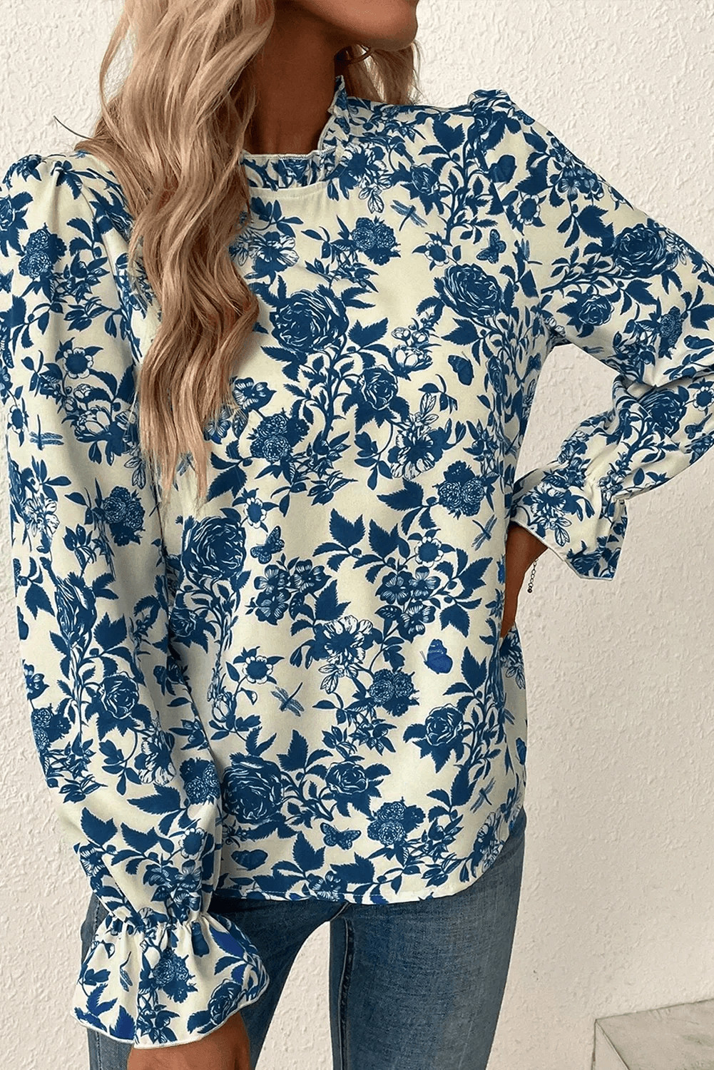 Printed Mock Neck Flounce Sleeve Blouse - Purcell's Clothing Company