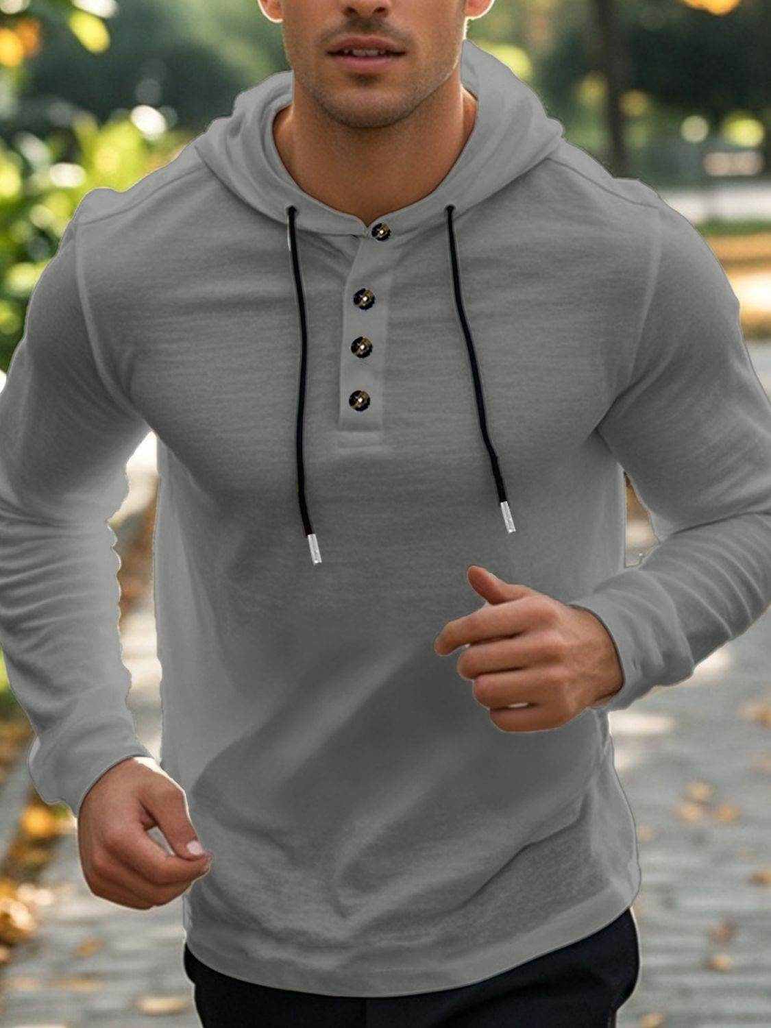 Men's Full Size Drawstring Button Detail Long Sleeve Hoodie Plus Size - Purcell's Clothing Company