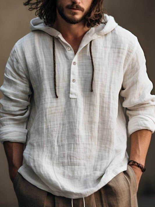 Men's half button hoodie long sleeve casual white cotton top