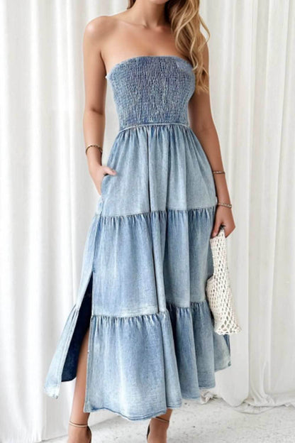 Smocked Tube Slit Tiered Denim Dress - Purcell's Clothing Company