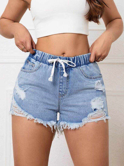 Distressed Drawstring Raw Hem Denim Shorts - Purcell's Clothing Company