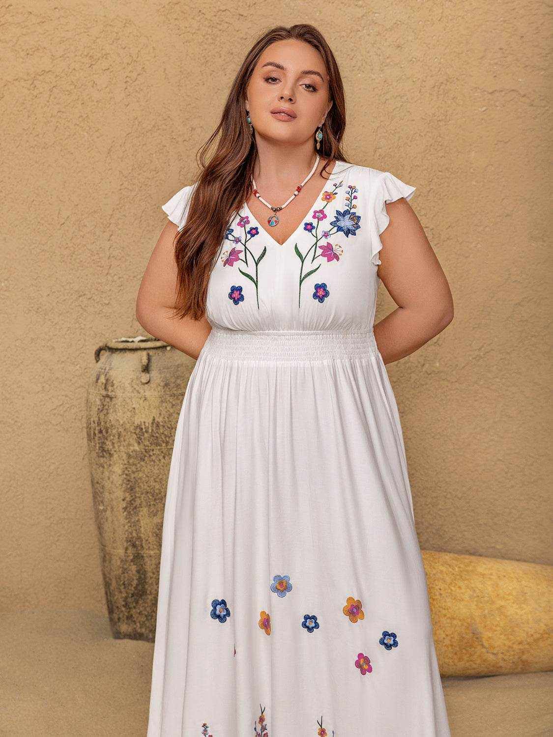 Plus Size Embroidered Floral V-Neck Cap Sleeve Maxi Dress - Purcell's Clothing Company