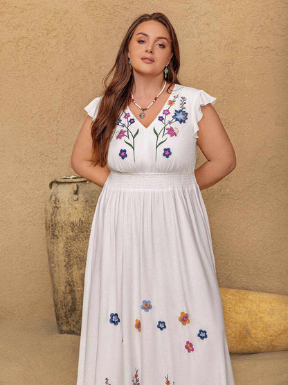 Plus Size Embroidered Floral V-Neck Cap Sleeve Maxi Dress - Purcell's Clothing Company
