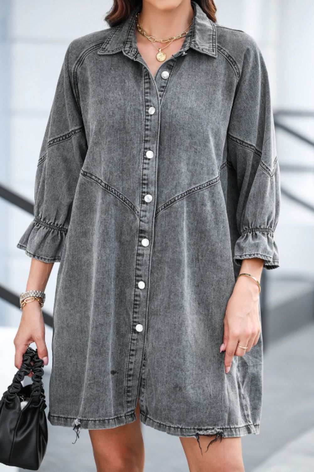 Distressed Collared Neck Flounce Sleeve Denim Dress - Purcell's Clothing Company