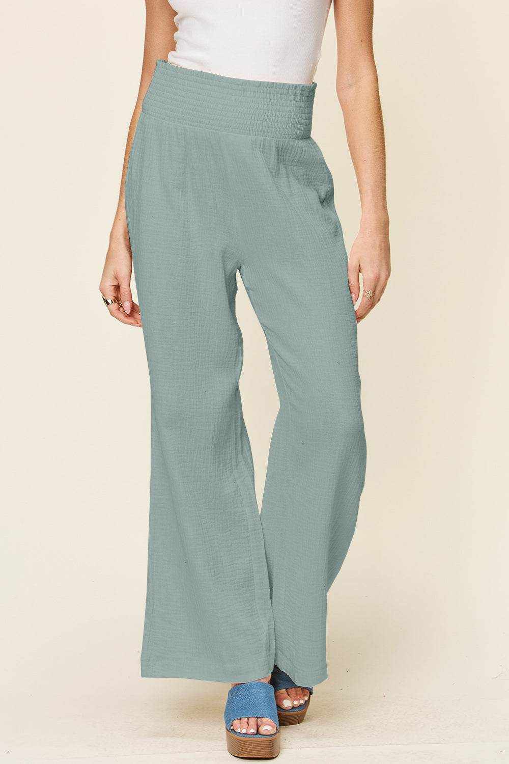 Double Take Full Size Texture Smocked Waist Wide Leg Pants - Purcell's Clothing Company