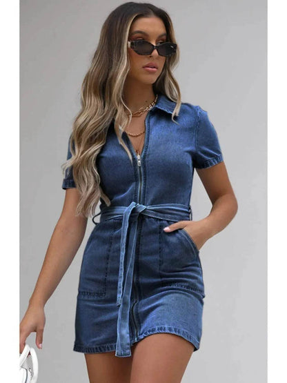 Full Size Zip Front Short Sleeve Denim Dress Plus Size - Purcell's Clothing Company