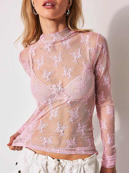 Lace Mock Neck Long Sleeve Blouse - Purcell's Clothing Company
