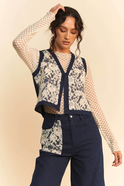 Davi & Dani Lace Patch Open Front Denim Vest - Purcell's Clothing Company
