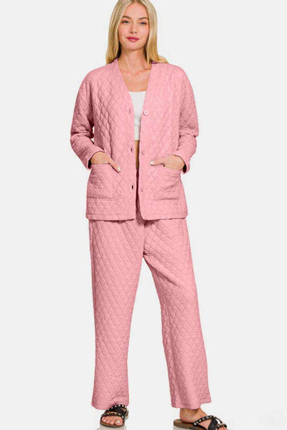 Zenana Quilted Button Up Long Sleeve Top and Pants Lounge Set - Purcell's Clothing Company