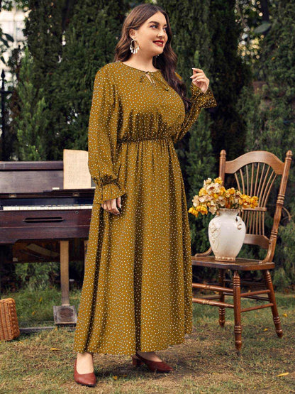 Honey Plus Size Ruffled Polka Dot Long Sleeve Midi Dress - Purcell's Clothing Company