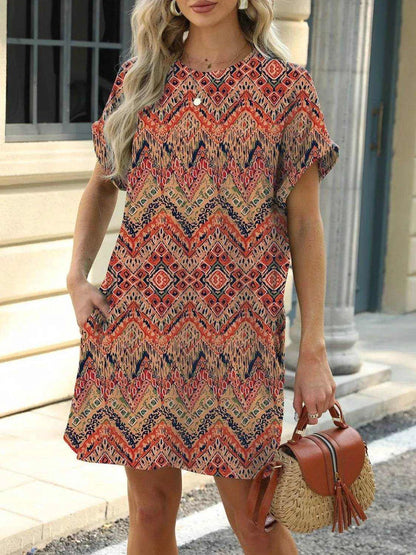 Printed Round Neck Short Sleeve Mini Dress - Purcell's Clothing Company