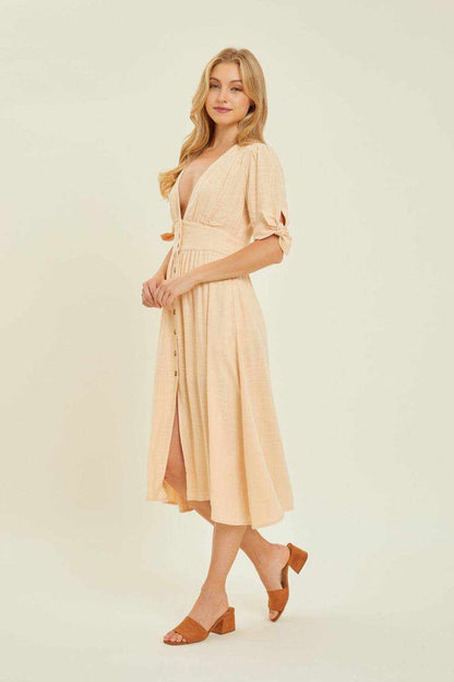 HEYSON Full Size Textured Linen V-Neck Button-Down Midi Dress - Purcell's Clothing Company